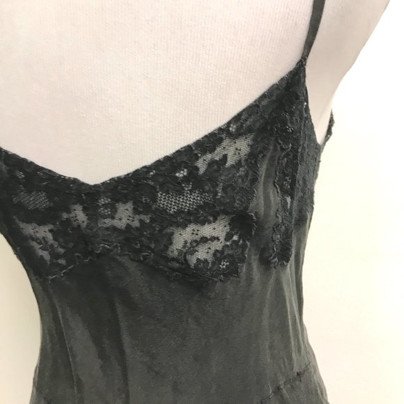 Maxine black lace + velvet silk long slip gown spaghetti straps VINTAGE M midi - Picture 6 of 7